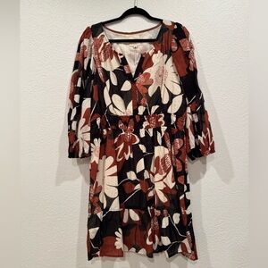 UMGEE Floral Long Sleeve Dress - Black, Rust, Cream PLUS 1X